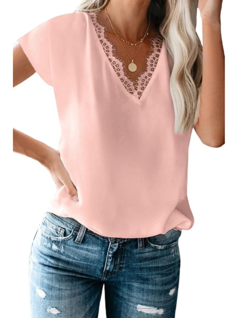 Dressy Lace Trim Blouse Tops Popular Short Sleeve Shirt